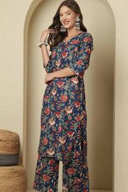 V-Neck Cotton Silk Blend Floral Printed 3/4 Sleeve Co-ord Set
